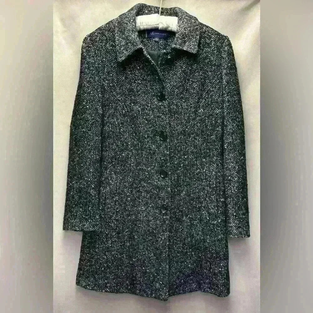 Anne Klein Women's Wool Blend Black and White Tweed Lightweight Coat Large - Picture 1 of 6